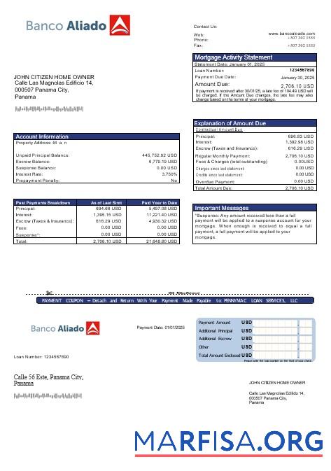 Downloadable Panama Banco Aliado mortgage statement in Word and PDF formats template
